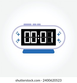 Digital modern alarm clock close up displaying 00:01 o'clock, simple flat black icon vector