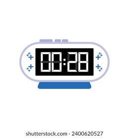 Digital modern alarm clock close up displaying 00:28 o'clock, simple flat black icon vector