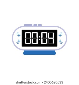 Digital modern alarm clock close up displaying 00:04 o'clock, simple flat black icon vector