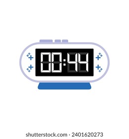 Digital modern alarm clock close up displaying 00:44 o'clock, simple flat black icon vector