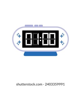 Digital Modern Alarm Clock Close Up Displaying 01:00 O'clock, Simple Flat Icon Vector