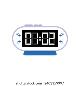 Digital Modern Alarm Clock Close Up Displaying 01:02 O'clock, Simple Flat Icon Vector
