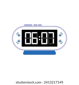 Digital Modern Alarm Clock Close Up Displaying 06:07 O'clock, Simple Flat Icon Vector
