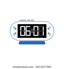 Digital Modern Alarm Clock Close Up Displaying 06:01 O'clock, Simple Flat Icon Vector
