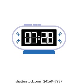 Digital Modern Alarm Clock Close Up Displaying 07:28 O'clock, Simple Flat Icon Vector

