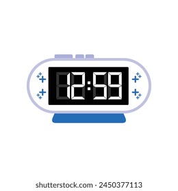 Reloj despertador digital moderno Close Up que muestra 12:59 en punto, Vector plano simple del icono