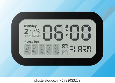 Reloj despertador moderno digital con dígitos electrónicos días de la semana e ícono de reloj de Clima. fondo azul de Ilustración vectorial