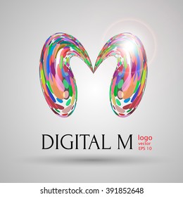 digital modern bubble style M letter vector illustration on light grey background. Logo, brand name design element, web design, poster, banner print T-shirt. liquid mixed colored pink blue green shade