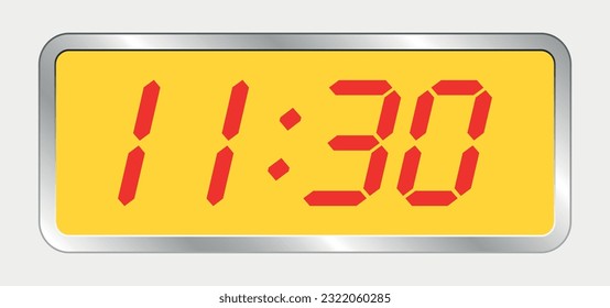 A digital modern clock displaying 11.30 with electronic digits. Vector flat of a clock face.