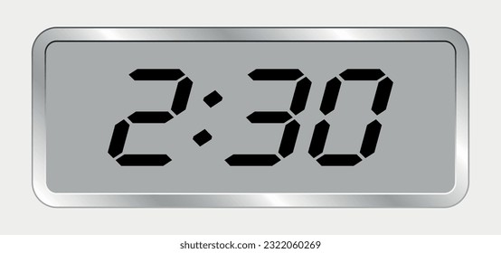 A digital modern clock displaying 2.30 with electronic digits. Vector flat of a clock face.