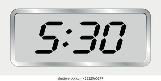 A digital modern clock displaying 5.30 with electronic digits. Vector flat of a clock face.