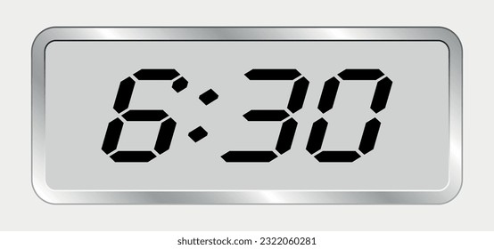 A digital modern clock displaying 6.30 with electronic digits. Vector flat of a clock face.