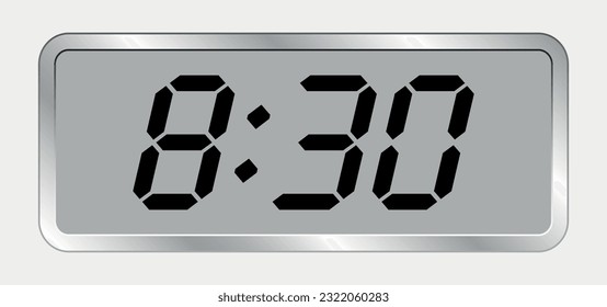 A digital modern clock displaying 8.30 with electronic digits. Vector flat of a clock face.