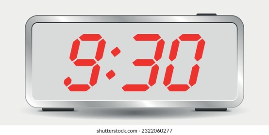 A digital modern clock displaying 9.30 with electronic digits. Vector flat of a clock face.