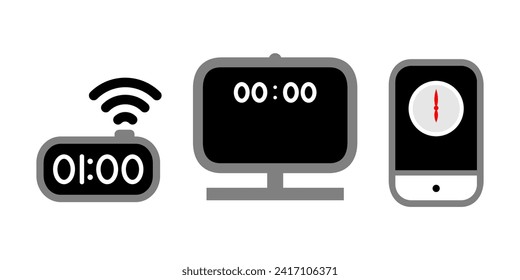 digital modern clock on monitor, smartphone and digital clock electronic gadget.