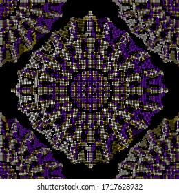 Digital modern halftone mandalas seamless pattern. Vector colorful futuristic background. Repeat grunge backdrop. Dotted half tone squares floral ornament. Stippled grungy colorful texture with dots,