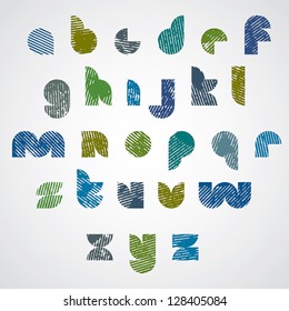 Digital modern style font with halftone lines print texture, macro aged dirty and grunge alphabet, none of existing fonts were not used, letters was designed specially. Vector, lowercase set.