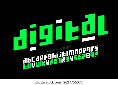 Digital. Modern style pixel  font, alphabet letters and numbers vector illustration