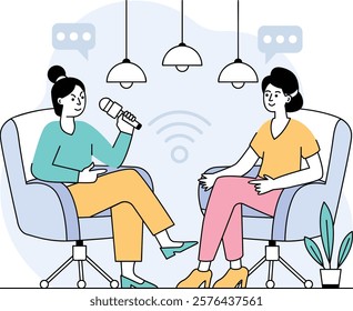 digital modern talk show studio concept, Podcast queen interviewing the guest vector design, Slice of life journalism scene, Web television series banner, vodcast or audio blogging stock illustration