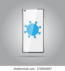 Digital modern touchscreen mobile phone smartphone on a white background and a dangerous virus infectious pandemic of the epidemic of coronovirus infection covid-19. Vector illustration.