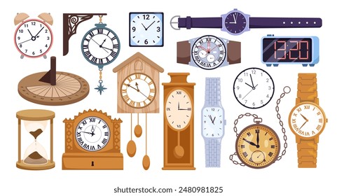 Digital modern and vintage clocks set. Cartoon collection of different type of wall and wrist devices to measure time, wristwatch and old chronometer, hourglass and alarm clock vector illustration