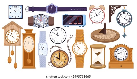 Digital modern and vintage clocks set. Cartoon collection of different type of wall and wrist devices to measure time, wristwatch and old chronometer, hourglass and alarm clock