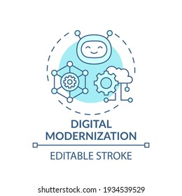 Digital modernization concept icon. Meet needs of industry idea thin line illustration. Upgrading and adopting new technology systems. Vector isolated outline RGB color drawing. Editable stroke