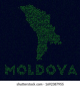 Digital Moldova logo. Country symbol in hacker style. Binary code map of Moldova with country name. Powerful vector illustration.