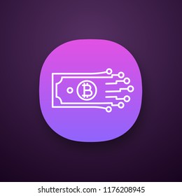 Digital money app icon. Bitcoin. Cryptocurrency. E-payment. UI/UX user interface. Paper money with chipset pathway. Crypto currency. E-money. Web or mobile application. Vector isolated illustration