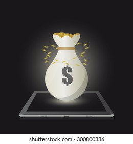 Digital money. Money bag with tablet. Vector illustration