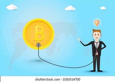 Digital Money and Bitcoin Concept.Businessman is examining the bitcoin on world map background.Businessmen are checking the validity of the coin.Finance.Currencies.vector illustration.