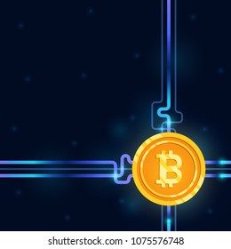 digital money bitcoin icon with circuit board elements. mining and crypto currency technology concept. vector illustration.