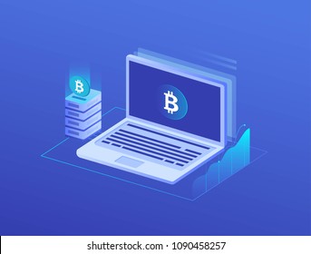 Digital money bitcoin, mining server farm room, video card, data processing  vector illustration.