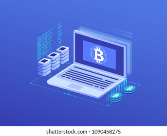 Digital money bitcoin, mining server farm room, video card, data processing  vector illustration.