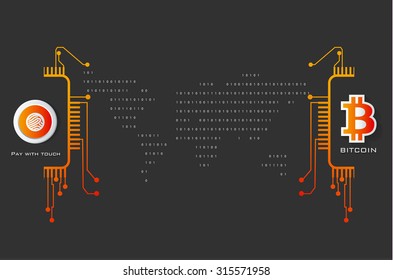 Digital Money Bitcoin and Pay With Touch in a binary map. Vector infographic illustration.