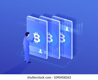 Digital money bitcoin, smart digital devices such as phone, video card, data processing  vector illustration.