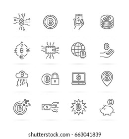 digital money, bitcoin vector line icons, minimal pictogram design, editable stroke for any resolution