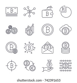 Digital money, bitcoin vector line icons, minimal pictogram design. Editable stroke for any resolution. 