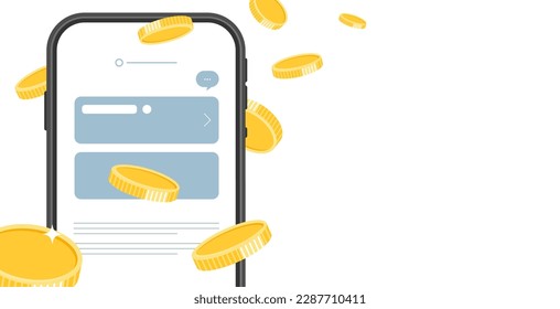 Digital money and coins online by mobile banking. smartphone pay by money. online banking and payment. shopping by phone and connected along. vector design