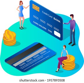 Digital money.The concept of electronic payments, digital wallet and credit cards.3d image.Isometric vector illustration.