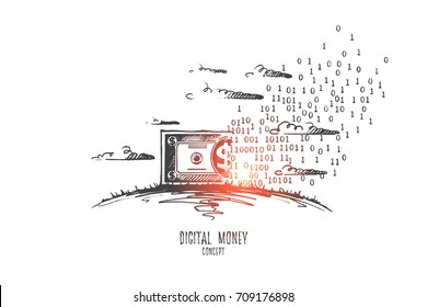 Concepto de dinero digital. Símbolo hecho a mano del dinero virtual. El dólar de los billetes se convirtió en una ilustración vectorial aislada del dinero digital.
