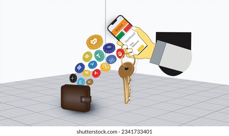 Digital money Crypto currency coins exchange to wallet from phone with encryption key block chain technology. vector illustration cryptocurrency banner.