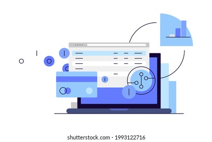 Digital money. Crypto currency. Modern economics, finances. Laptop, database and coins. Flat illustration. Vector file.