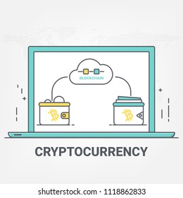 Digital money cryptocurrency blockchain network technology. bitcoin tranfer concept.  thin line art style.