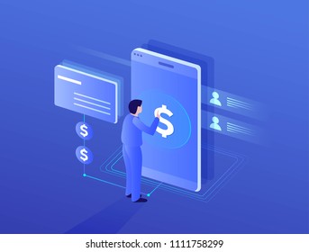 Digital money dollar, smart digital devices such as phone, video card, data processing vector illustration.