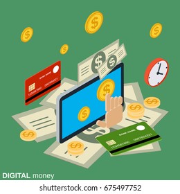 Digital money flat 3d isometric vector concept illustration