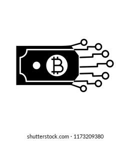 Digital money glyph icon. Bitcoin. Cryptocurrency. E-payment. Silhouette symbol. Paper money with chipset pathway. Crypto currency. E-money. Negative space. Vector isolated illustration