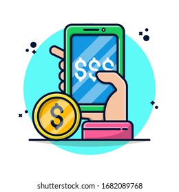 Dinero digital con la ilustración del vector Smartphone manual. Establecer transferencia, ganancia, pago, préstamo, ingreso, economía y finanzas. Estilo de caricatura plano adecuado para adhesivos, papel tapiz, iconos, etc.