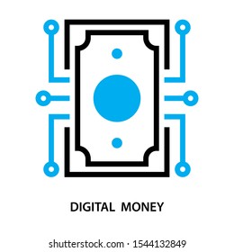 Digital money icon. Banknotes with digital circuits. Simple design. Line vector. Isolate on white background.