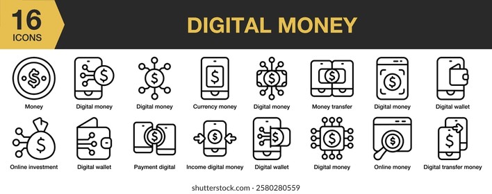 Digital Money icon set. Includes money, digital, finance, business, payment, and More. Outline icons vector collection.